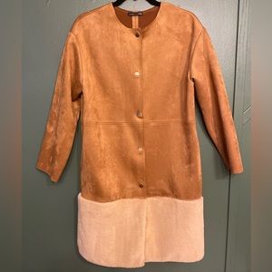 Zara Suede Oversized Coat with Faux Fur Trim